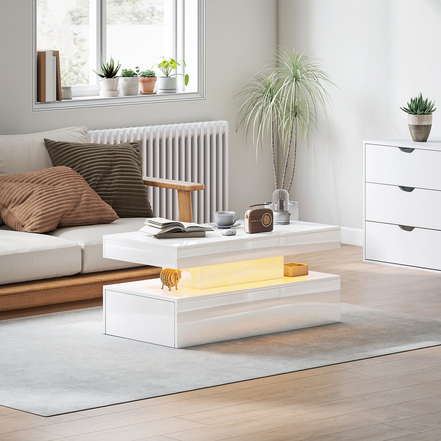 HOMCOM Modern High Gloss White LED Coffee Table with Two Drawers Storage