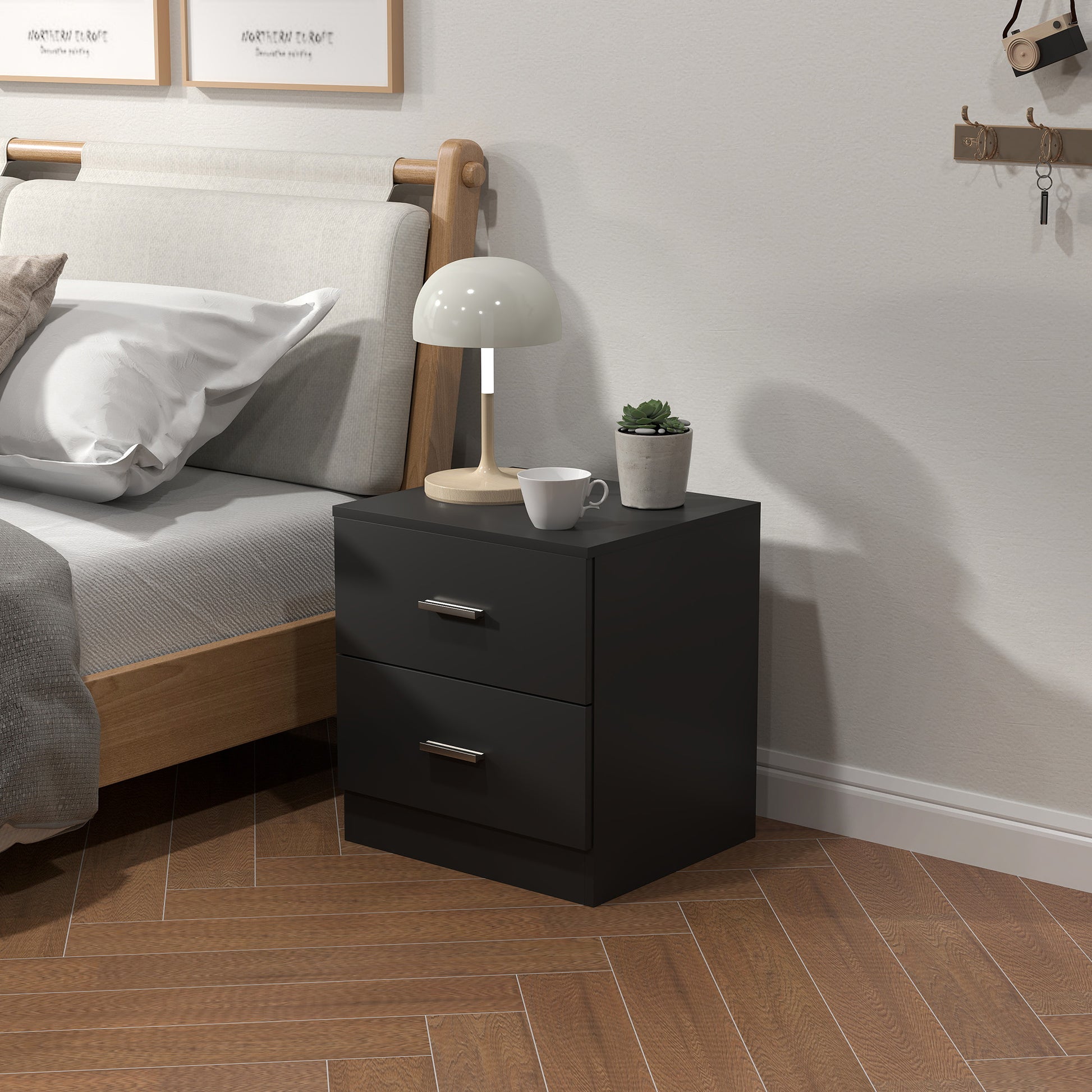 HOMCOM Modern Black 2-Drawer Bedside Table Nightstand for Bedroom Storage