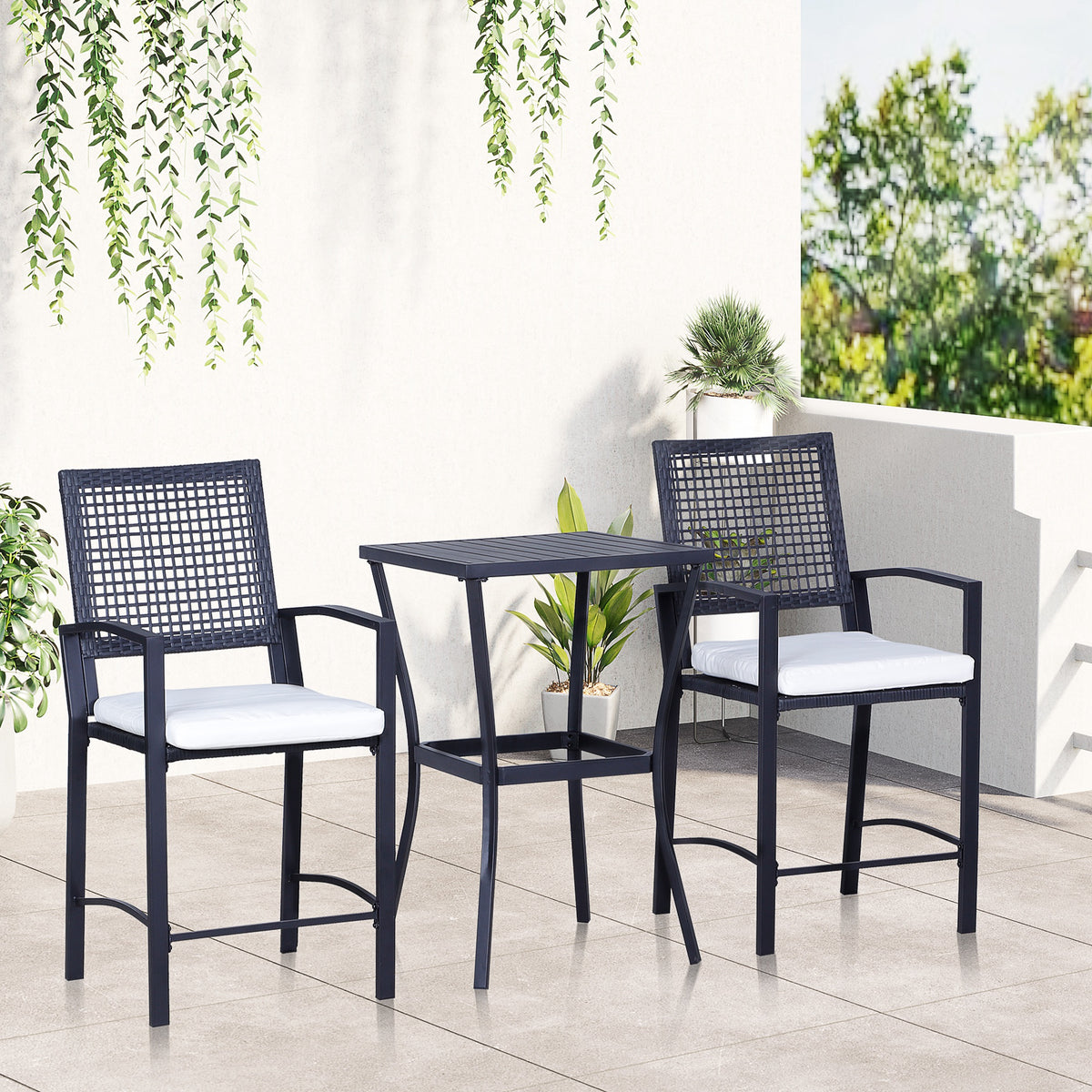 3 Pieces Outdoor Wicker Bar Set, Classic Bistro Bar Set Garden Rattan Style Patio Bar Table & High Chairs w/ Cushions Home Bar Furniture