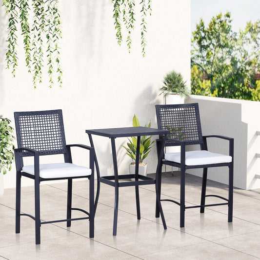 3 Pieces Outdoor Wicker Bar Set, Classic Bistro Bar Set Garden Rattan Style Patio Bar Table & High Chairs w/ Cushions Home Bar Furniture