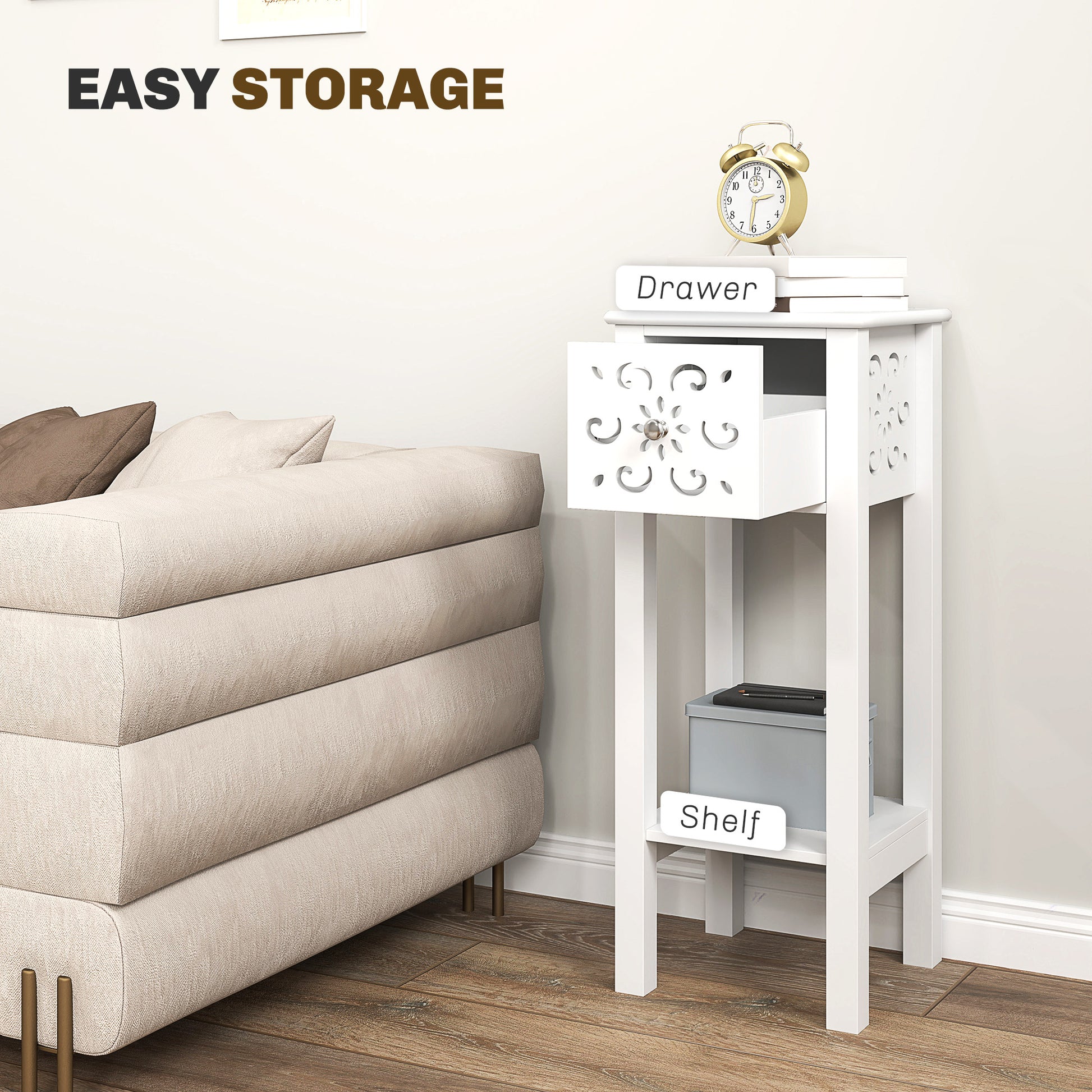 HOMCOM White Modern Nightstands Set: Drawer, Open Storage Shelf, Compact