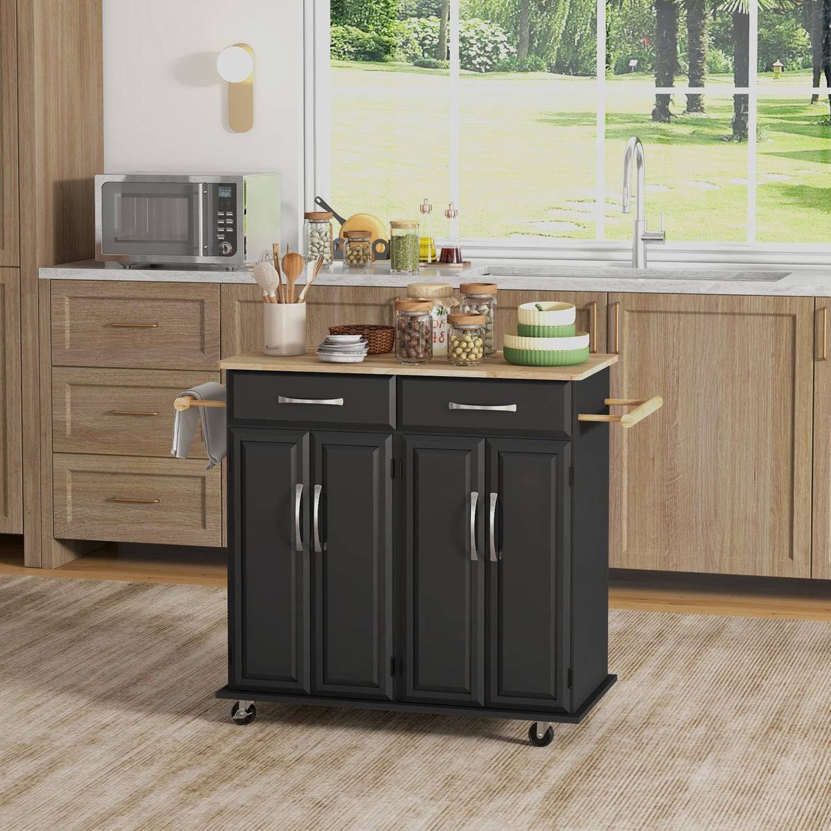 Kitchen Island on Wheels with Rubberwood Top – 44"W x 36"H