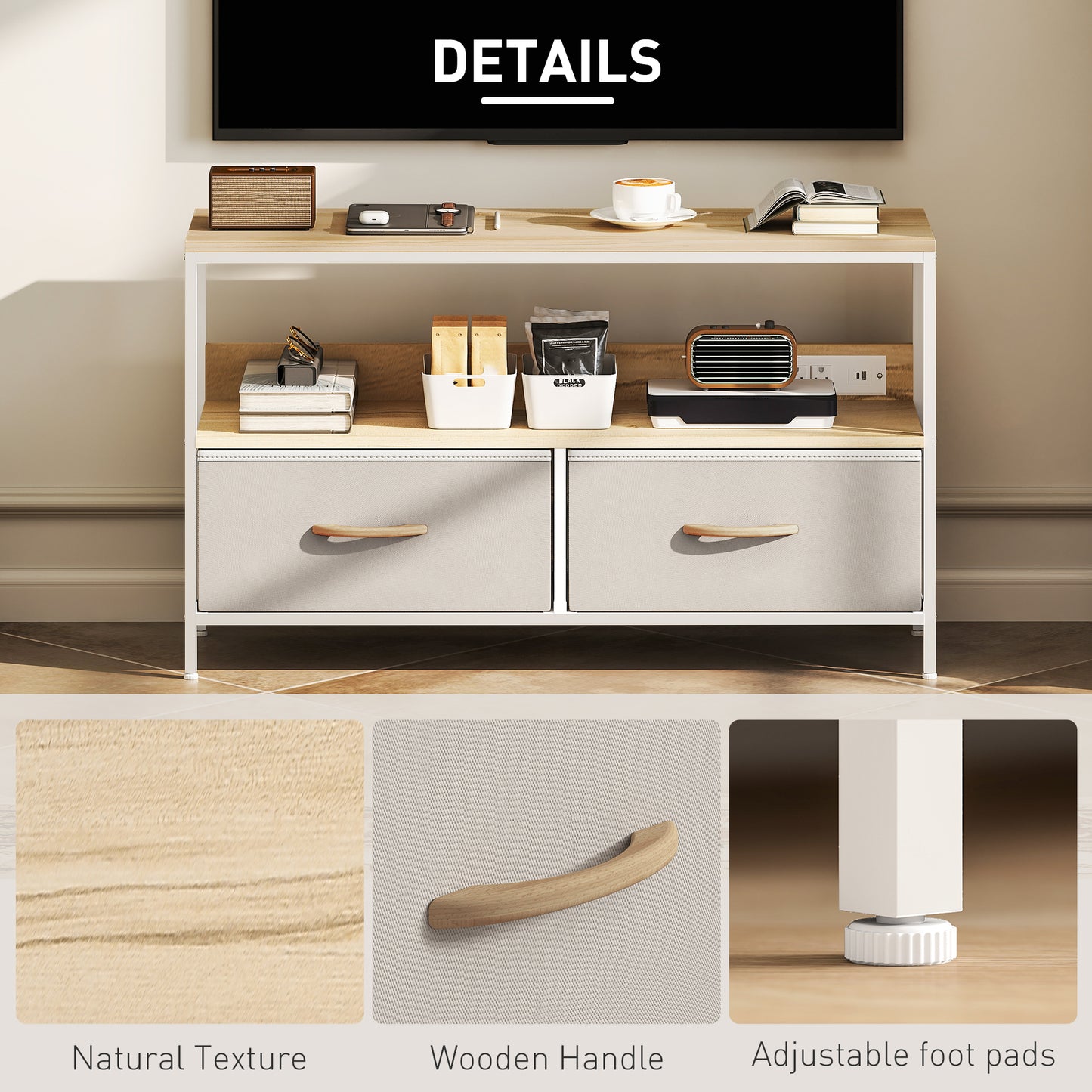 HOMCOM Modern Oak TV Stand, Charging Station, Foldable Drawers, 47-Inch TV