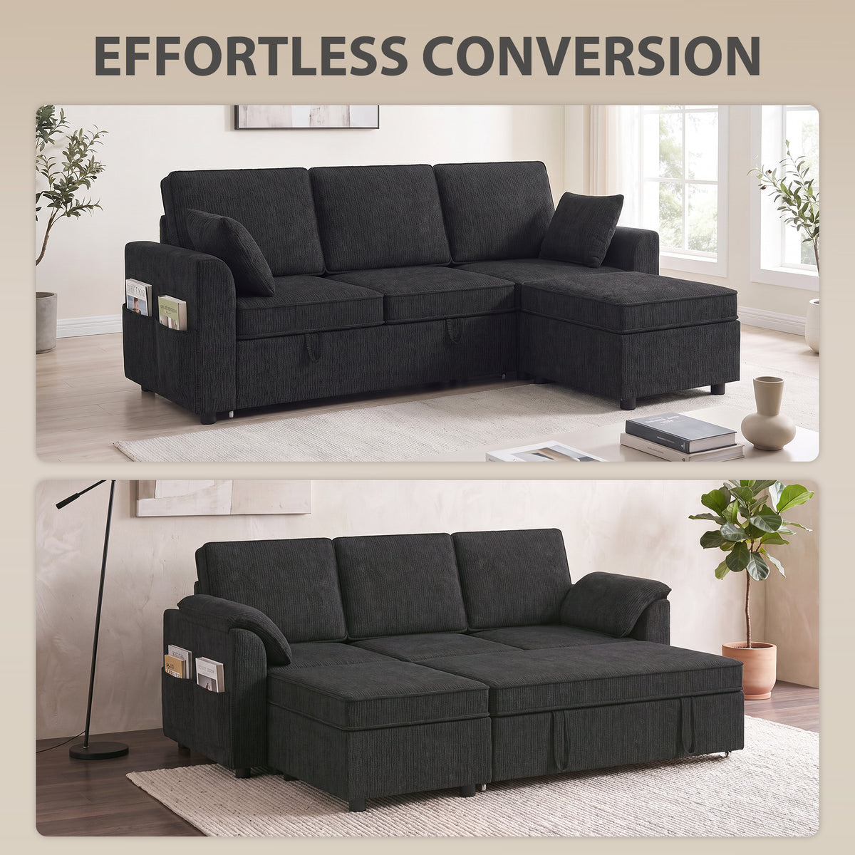 Reversible Pull-Out Sleeper Sectional with Storage Ottoman