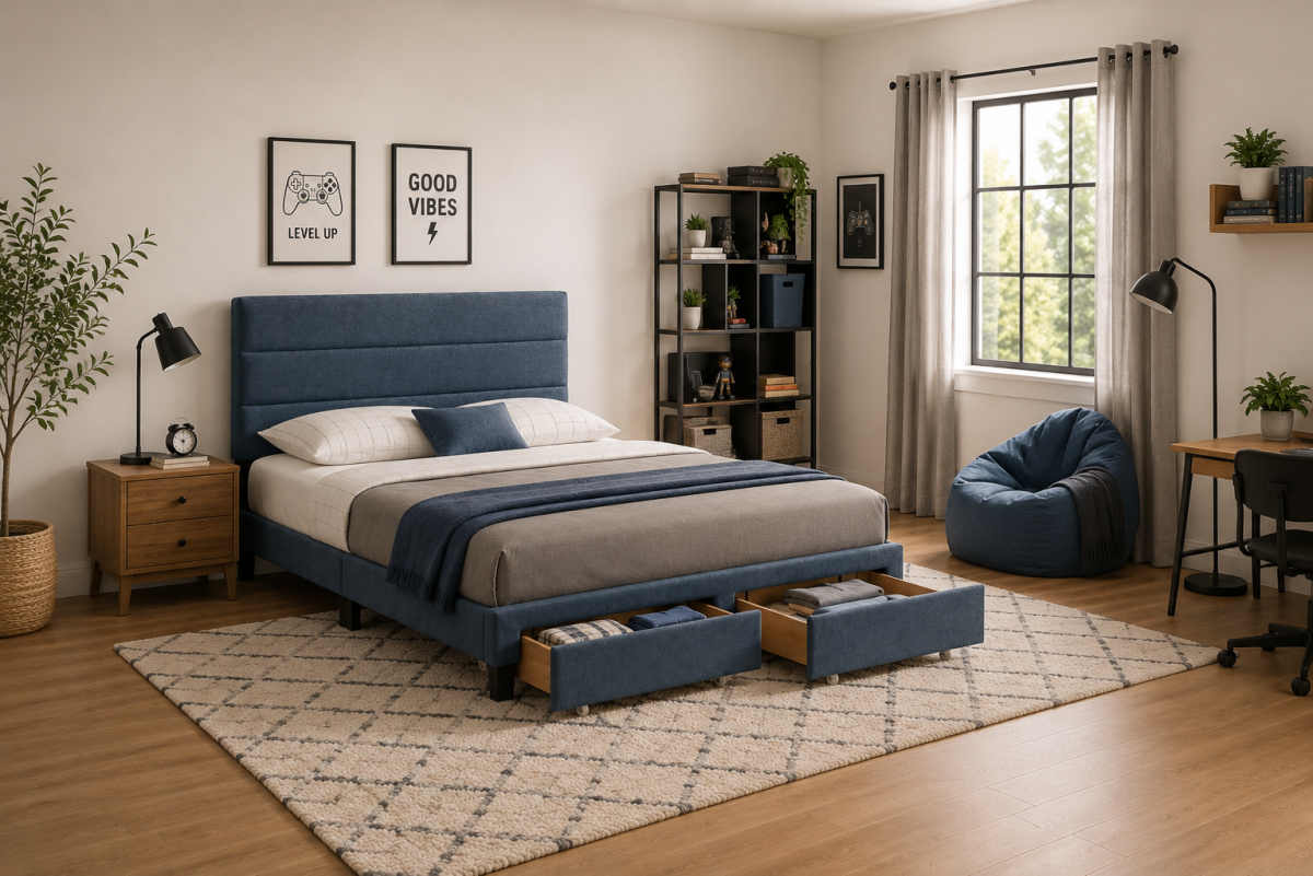QUEEN PLATFORM STORAGE BED - BLUE