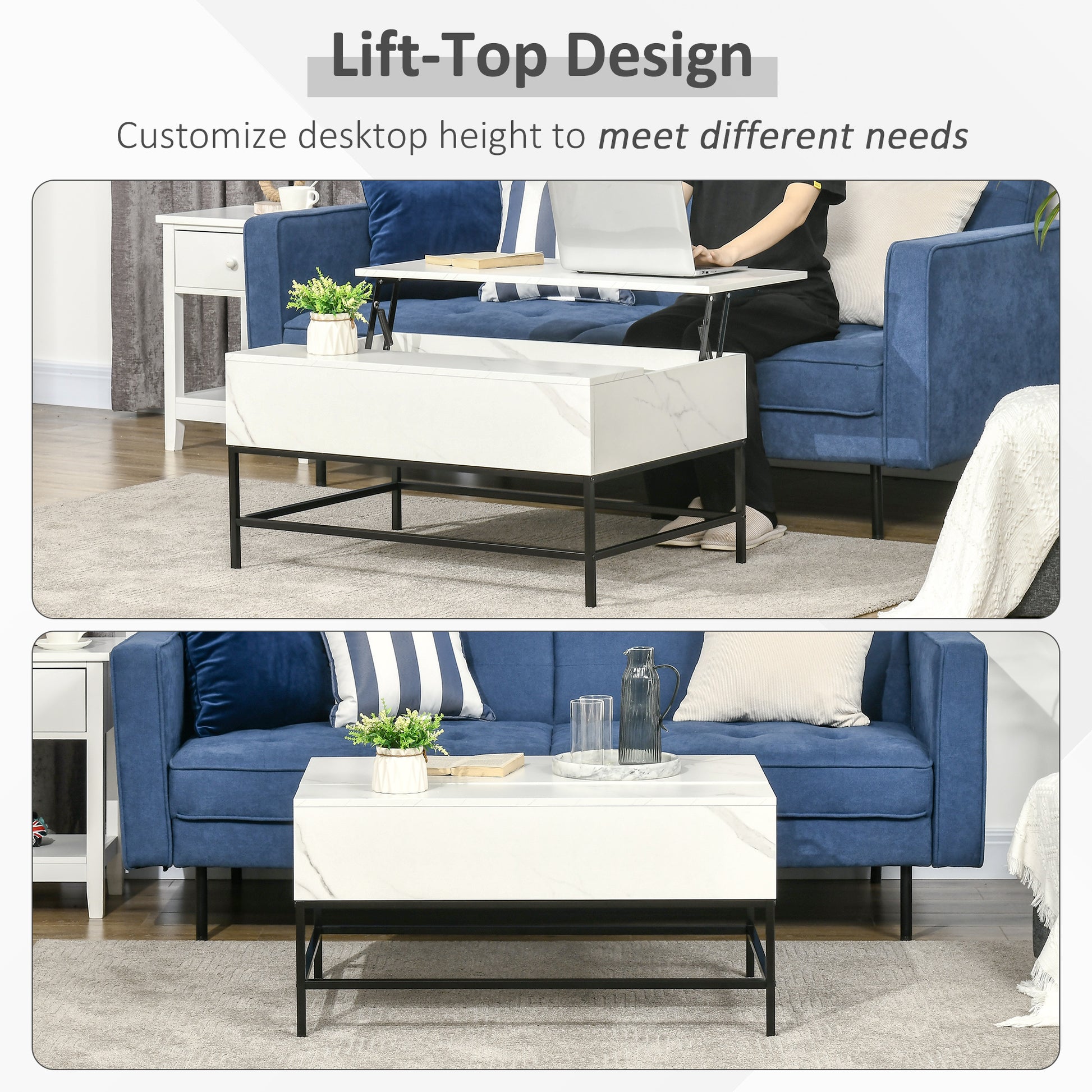 HOMCOM Modern Lift Top Coffee Table with Hidden Storage, White, Adjustable Height