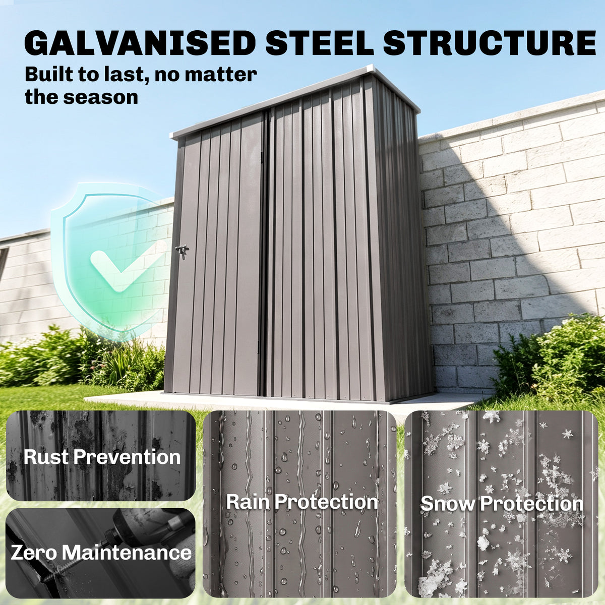 5' x 3' Outdoor Storage Shed, Steel Garden Shed with Single Lockable Door, Tool Storage Shed for Backyard – Light Grey