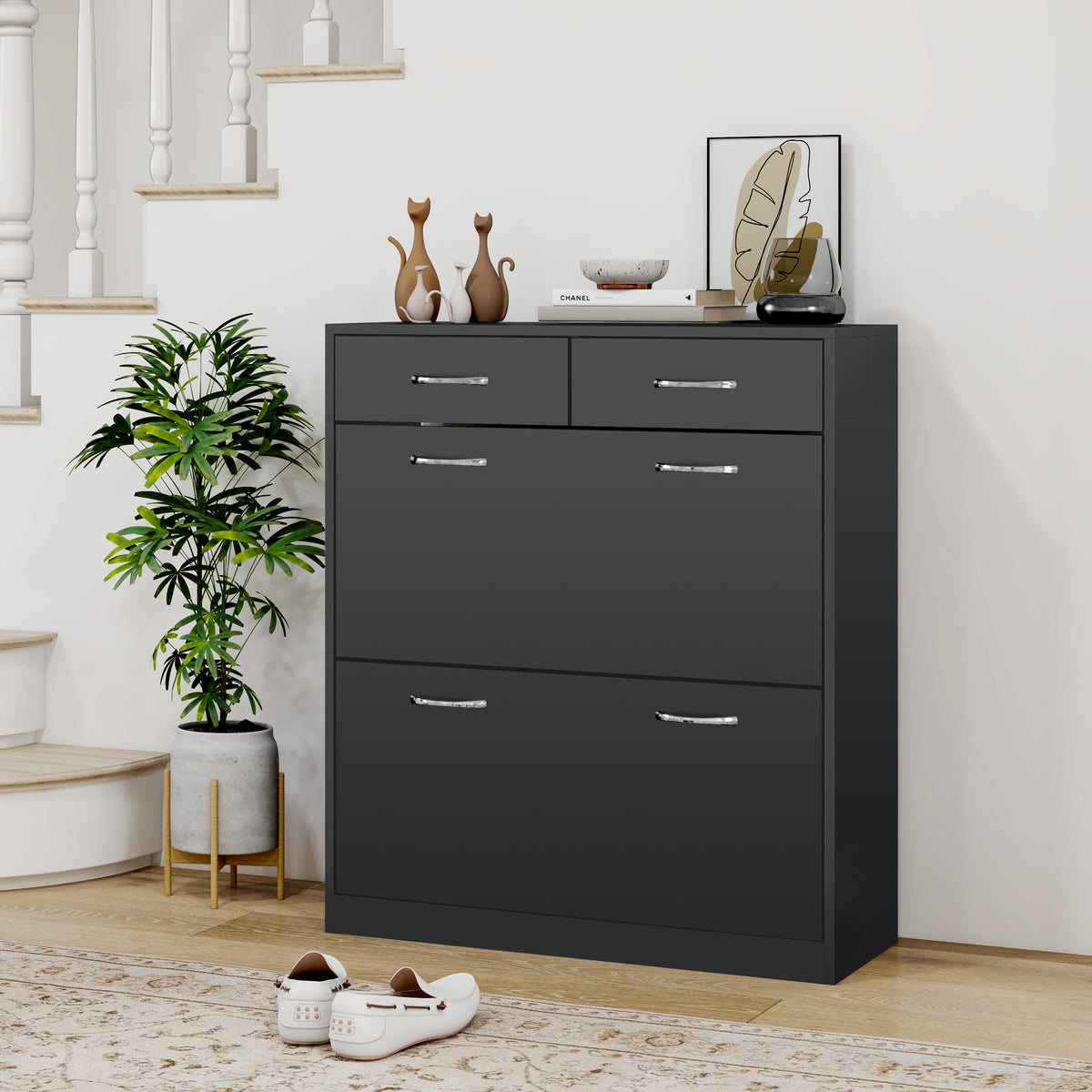 Narrow Shoe Storage with 2 Flip Drawers and Adjustable Shelves – 32"W x 36"H