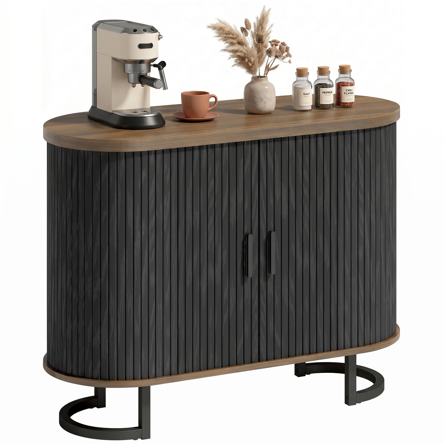 HOMCOM Sideboard Buffet Cabinet Curved Tambour Doors Brown Black