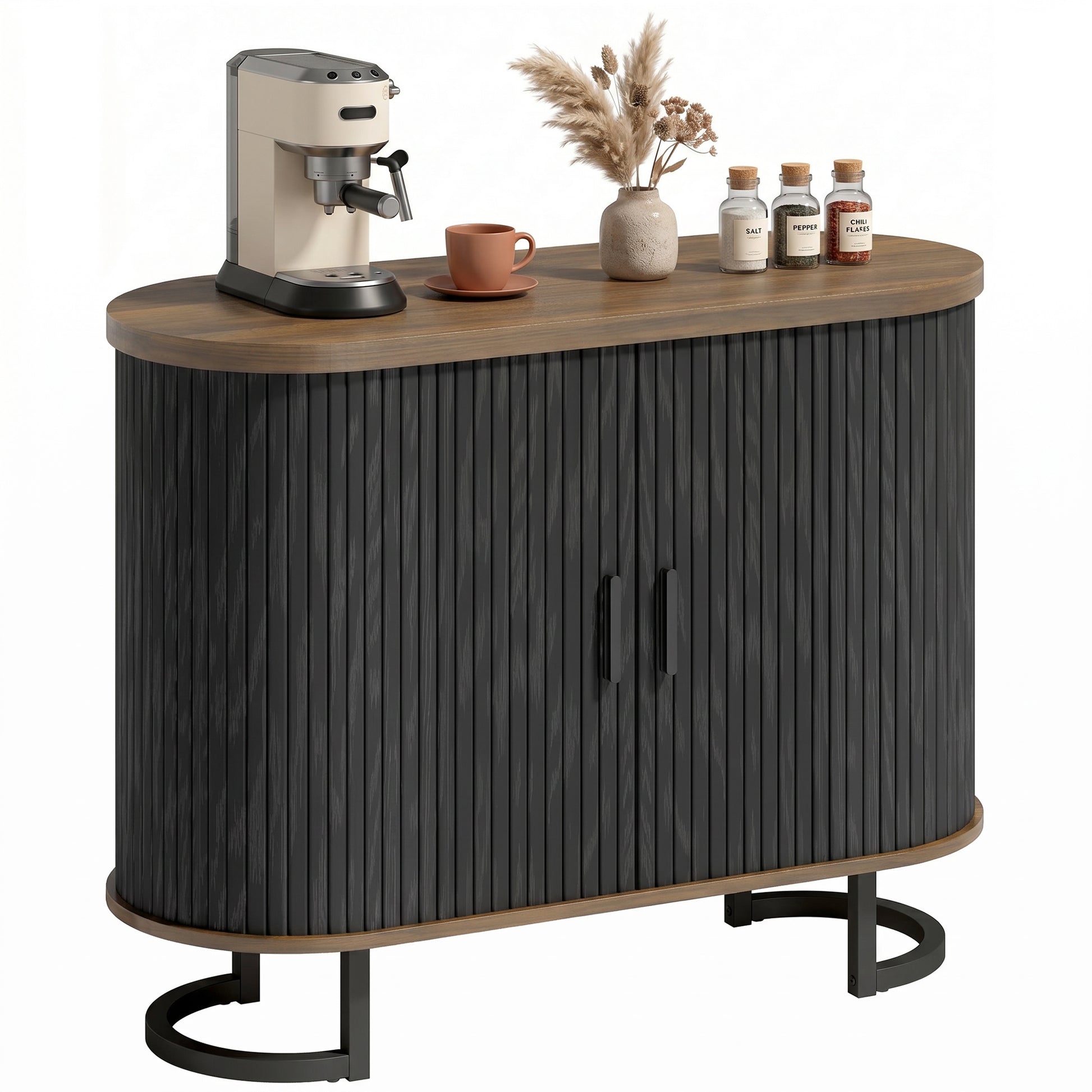 HOMCOM Sideboard Buffet Cabinet Curved Tambour Doors Brown Black