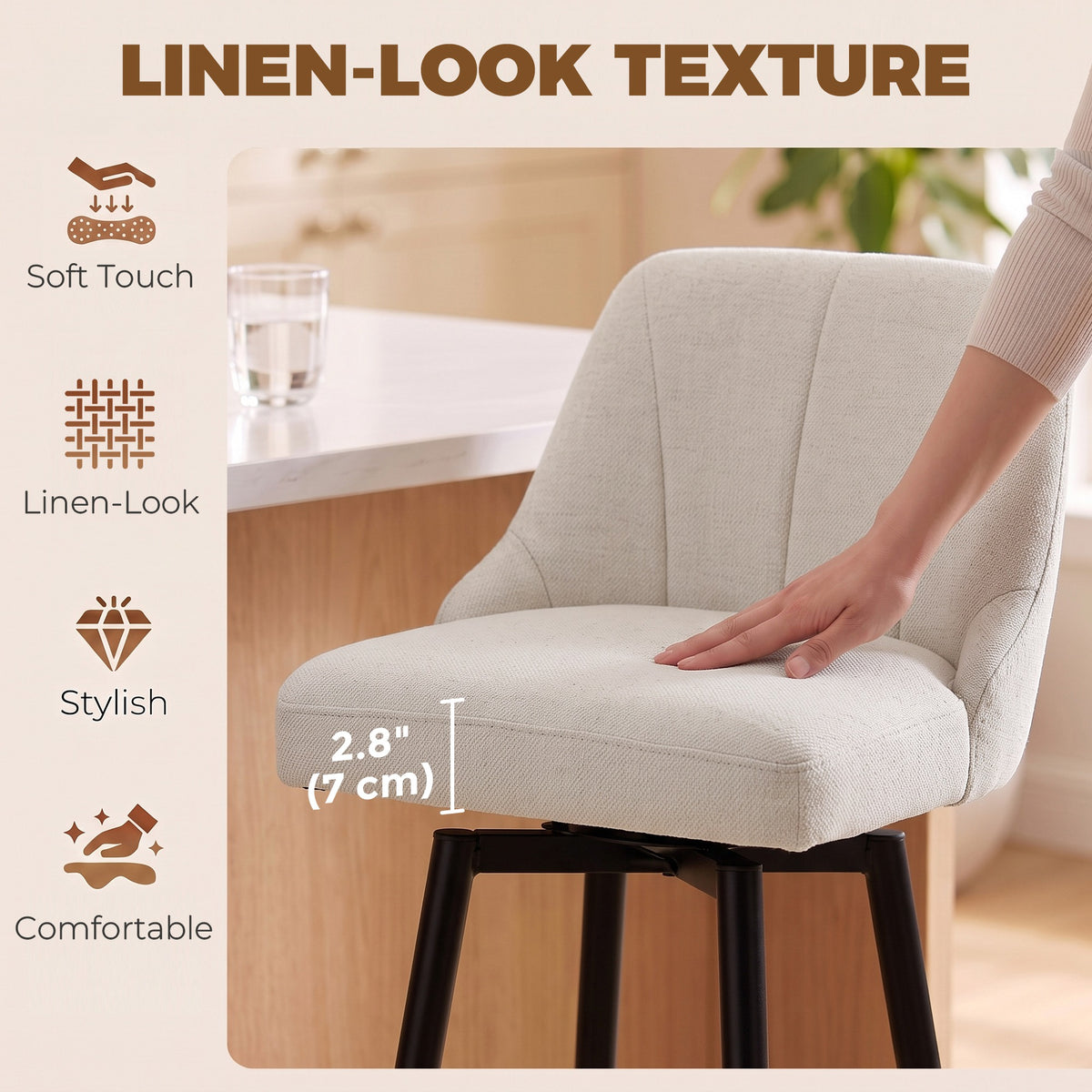 Quilted Faux Linen Swivel Counter Stools with Backrest, Set of 2