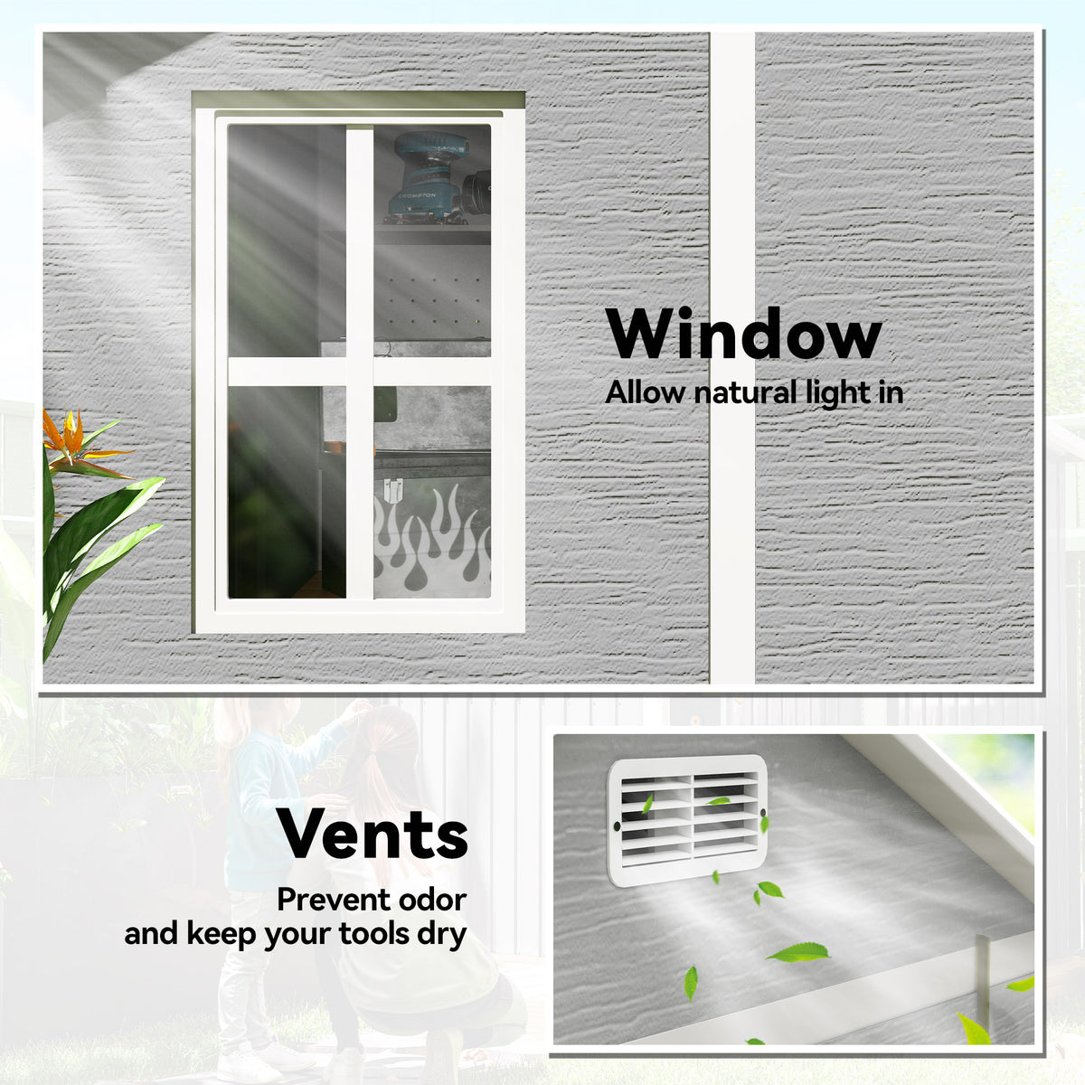 6' x 6' Resin Outdoor Storage Shed with Floor, Window, Lockable Doors and Vents for Backyard Patio Lawn