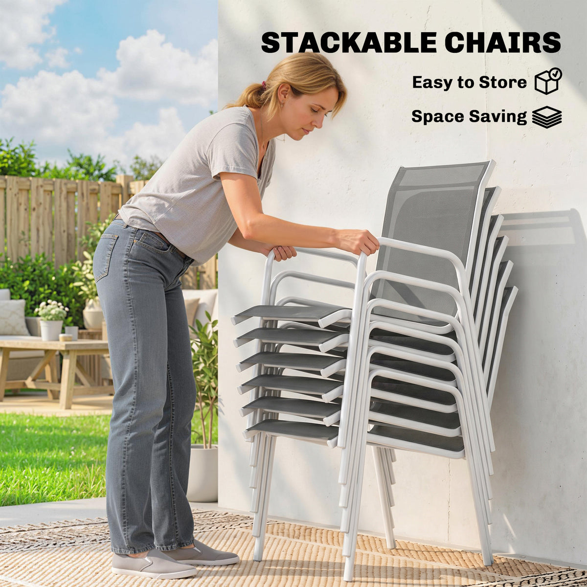 7 Piece Garden Dining Set, Garden Furniture Set with Rectangle Table and 6 Stackable Chairs – Grey, White, Black