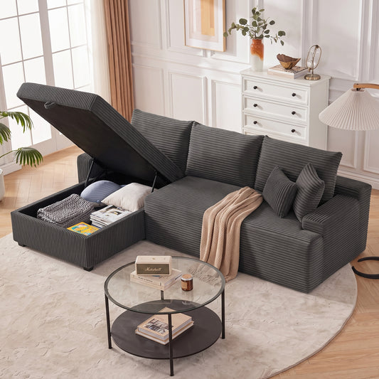 81" Corduroy Pull-Out Sofa Bed with Storage Chaise