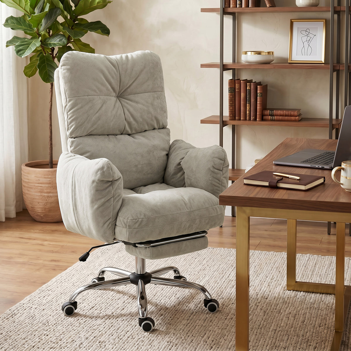 Office Chair with Footrest, Ergonomic Reclining Computer Gaming Chair with Snow Flannel Fabric, Light Grey
