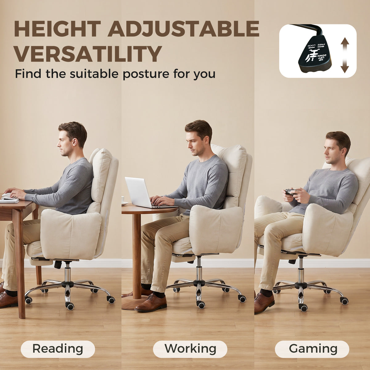 Office Chair with Footrest, Ergonomic Reclining Computer Gaming Chair with Snow Flannel Fabric, Cream