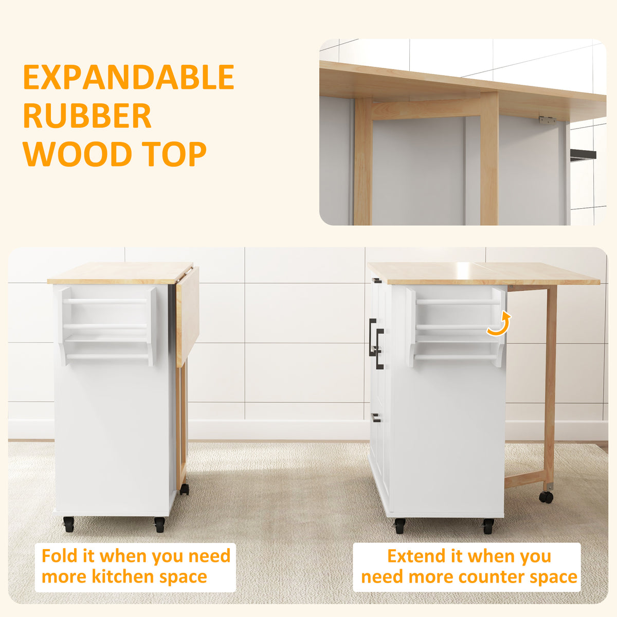 Rolling Kitchen Cart on Wheels with Drop Leaf – 52"W x 36"H