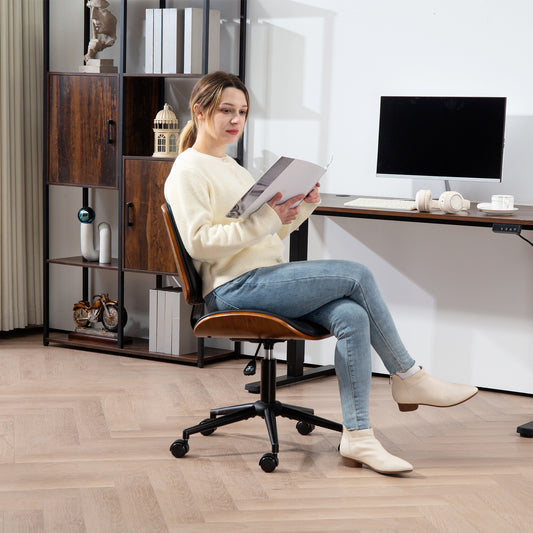 Office Chair No Arms with Wheels, PU Leather Desk Chair with Adjustable Height, Black