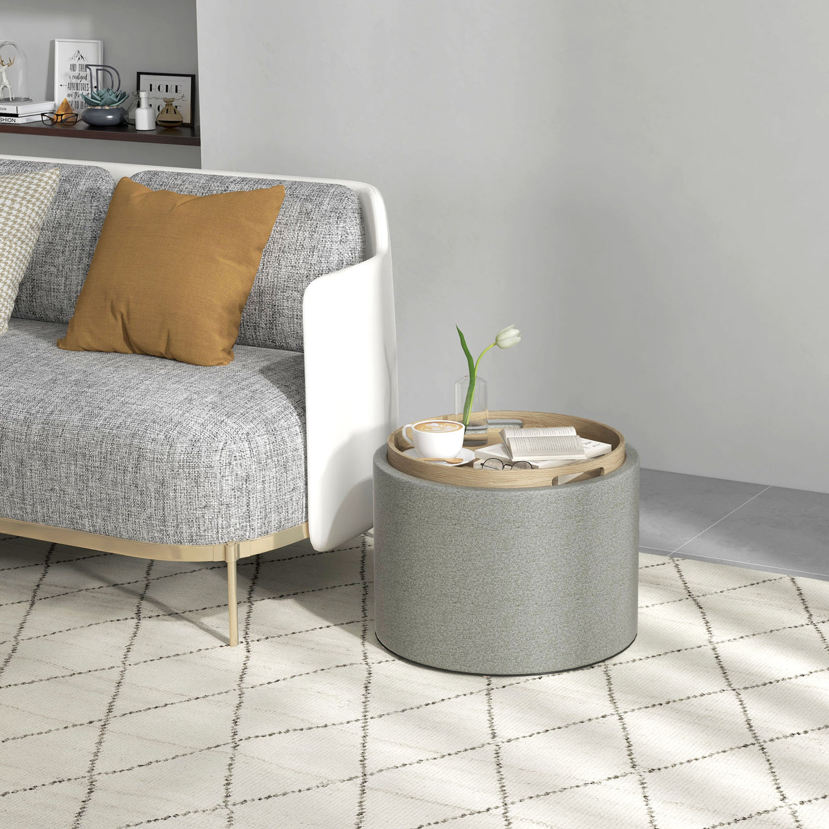Round Storage Ottoman Coffee Table with Tray Top, Linen Upholstered