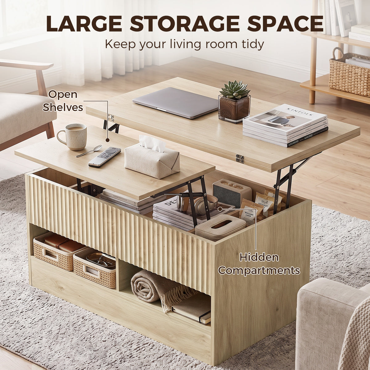 Lift-Top Coffee Table with Dual-Zone Expandable Top and Hidden Storage, Oak