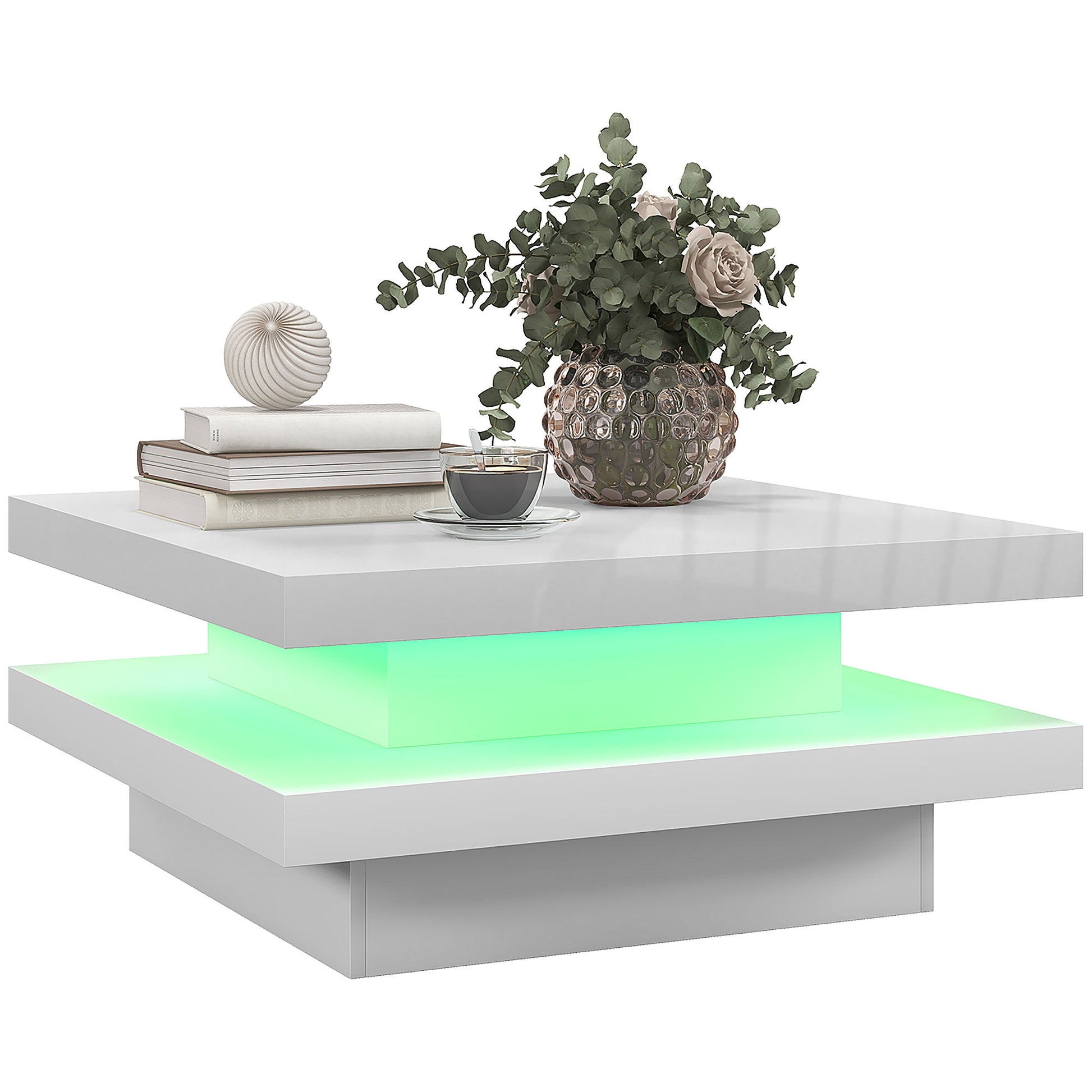 Modern Square Coffee Table with RGB LED Lights, Remote Control, 2-Tier Storage, White