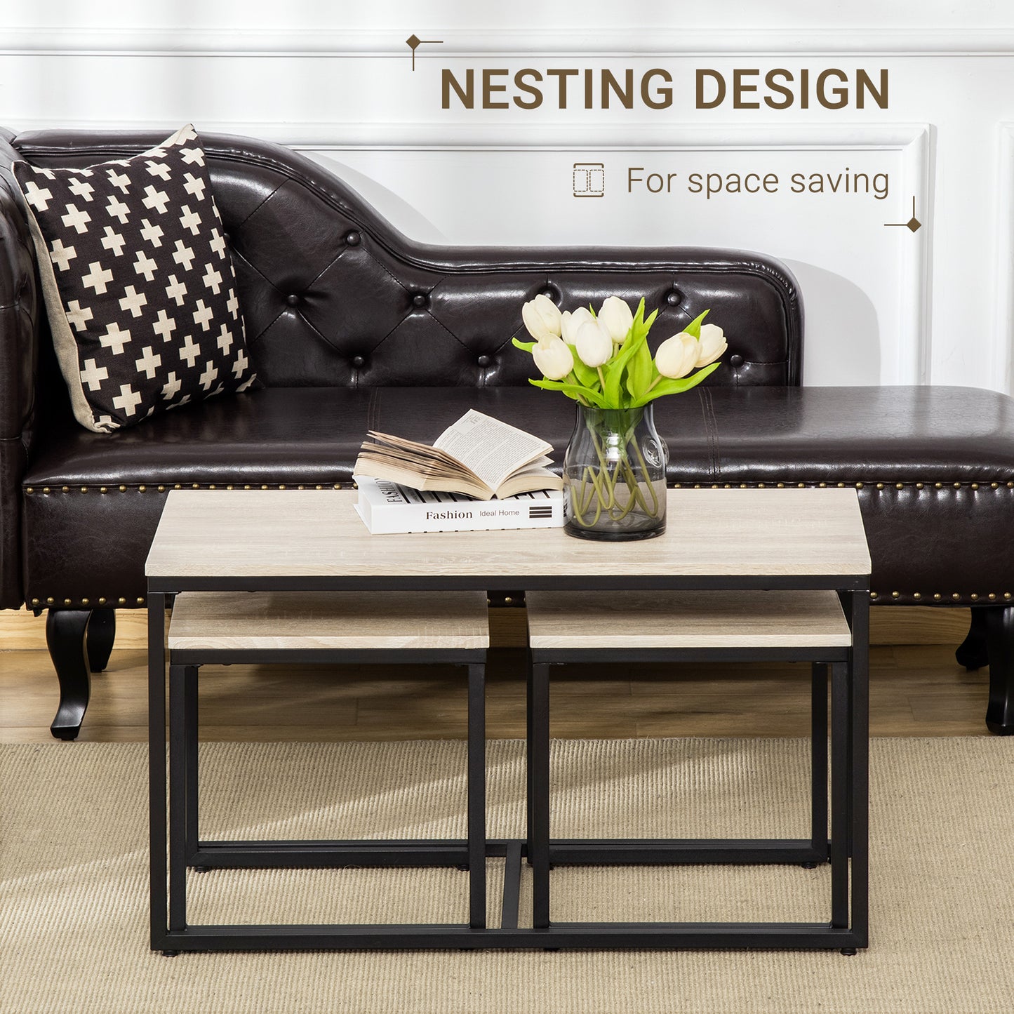 Modern Nesting Coffee Table Set, 3-Piece, Black Metal Frame, Natural Wood Grain