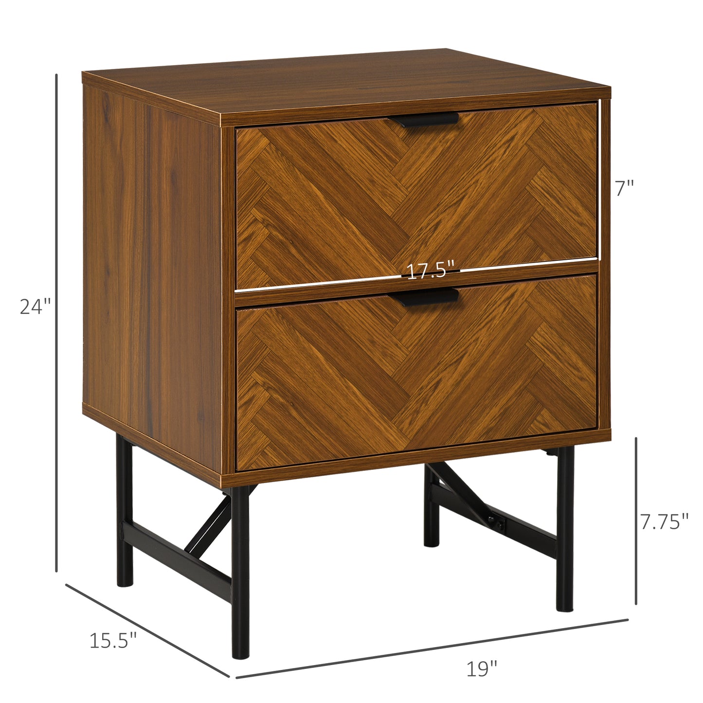 Bedside Table Night Stand, End Side Table Dresser Storage with 2 Drawers, Walnut Brown