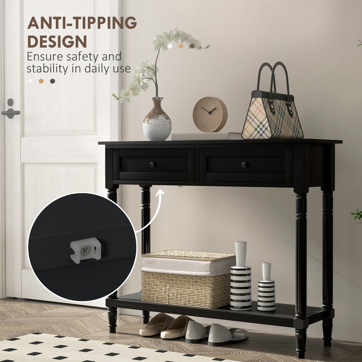 Hallway Console Table with 2 Drawers, Black