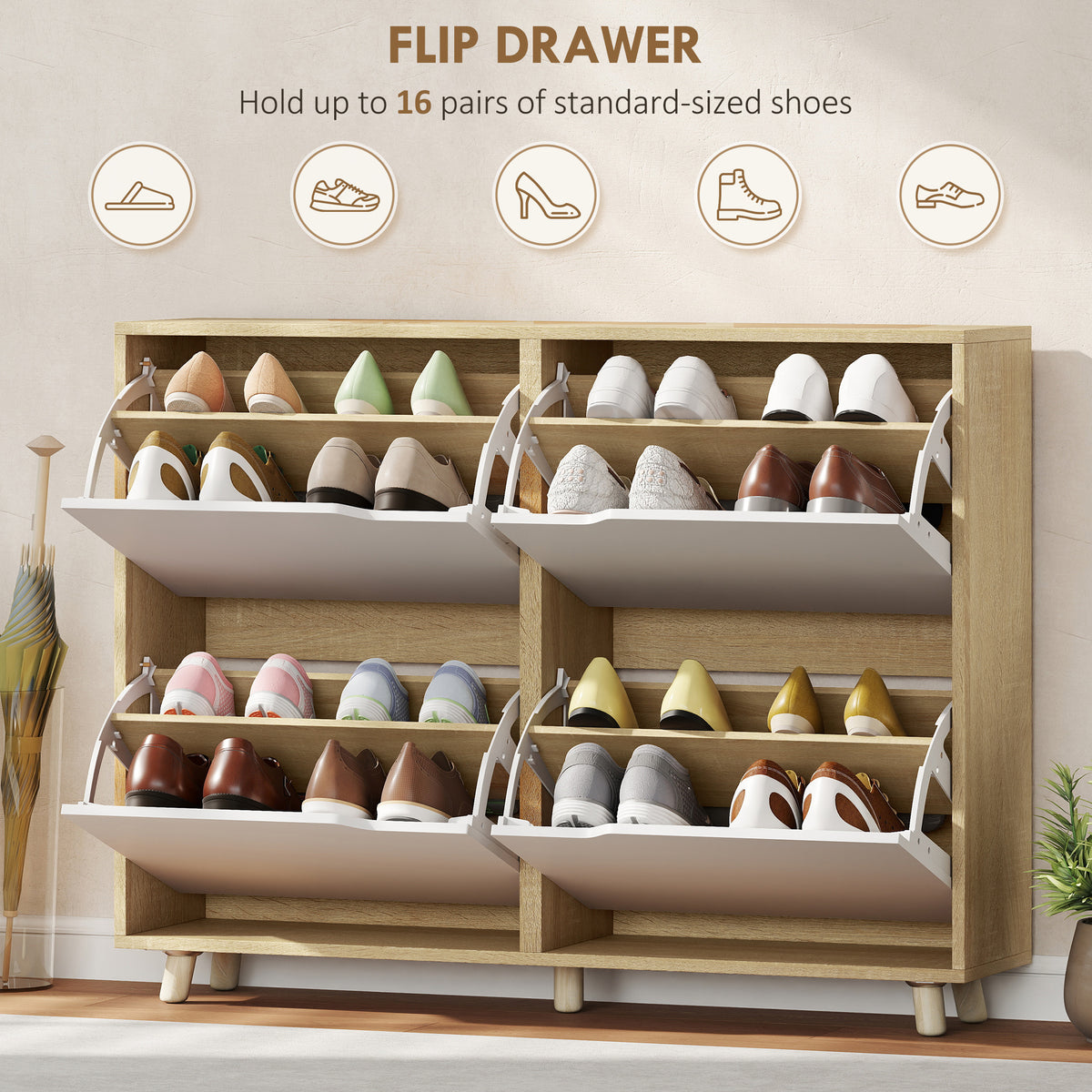 Narrow Shoe Cabinet with 4 Flip Drawers – 41"W x 34"H