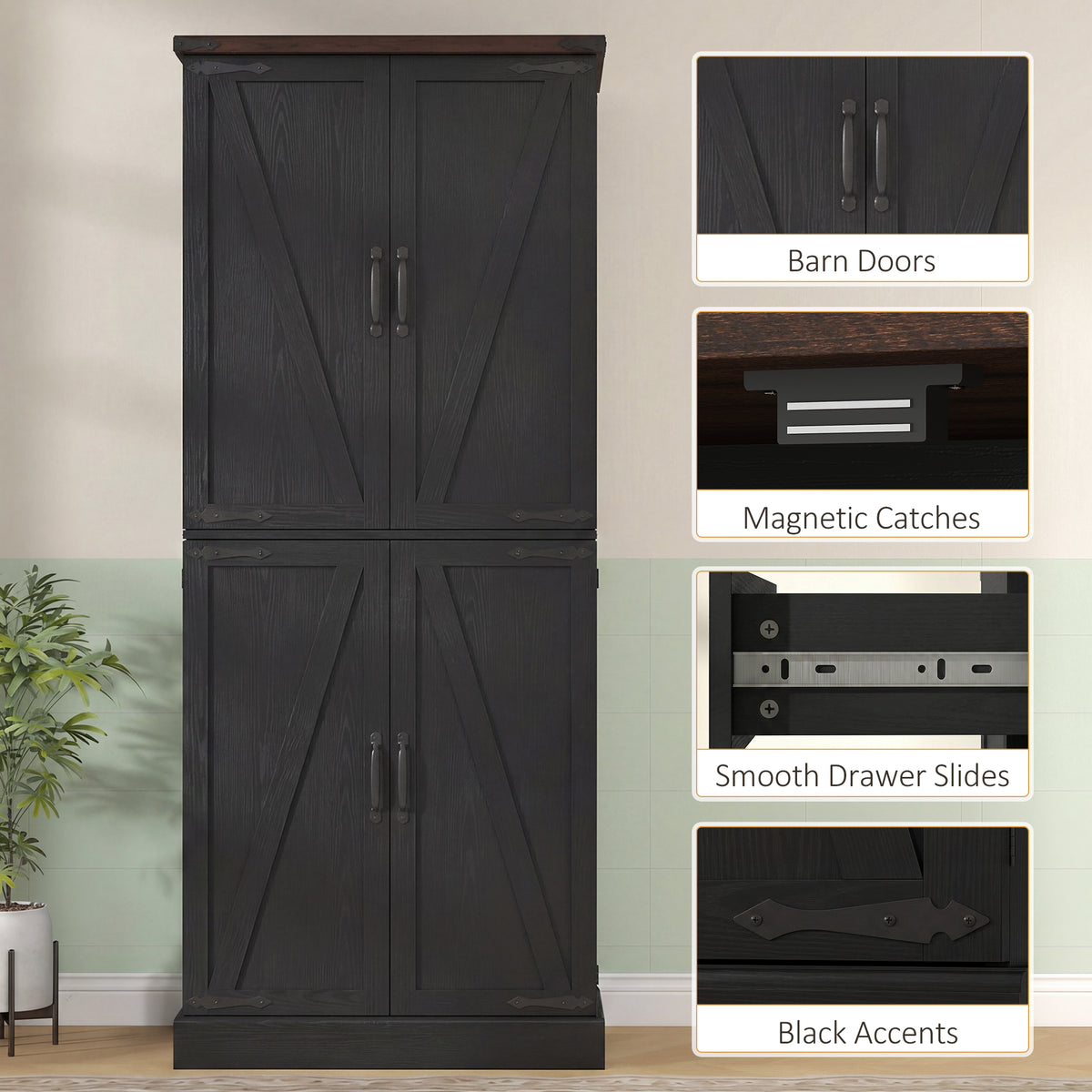 Farmhouse Storage Cabinet with 8 Door Racks and Adjustable Shelves – 30"W x 72"H