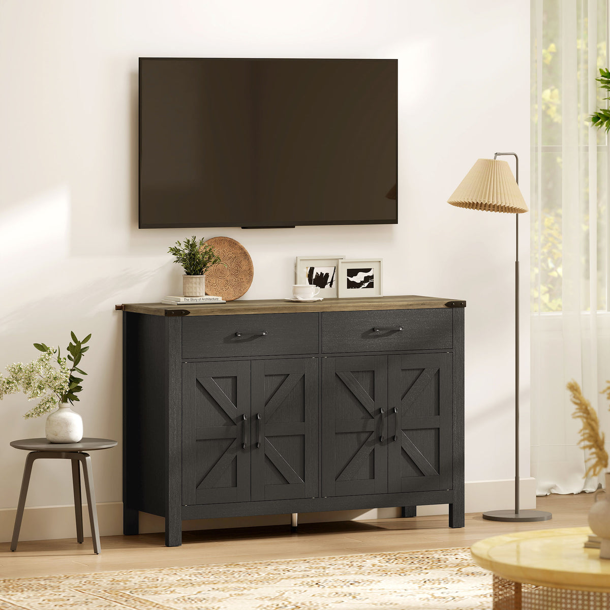 Farmhouse Kitchen Storage Cabinet with 2 Drawers and Shelves – 47"W x 32"H