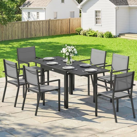 7 Pieces Outdoor Dining Set, Aluminum Patio Table and Chairs Set for 6 with Extendable Tabletop and Stackable Chairs