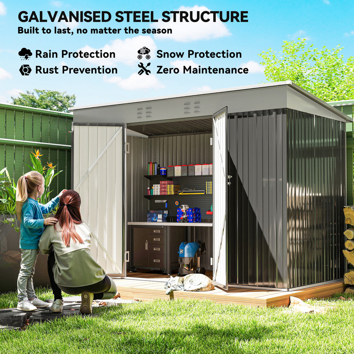 9' x 4' Galvanized Steel Garden Storage Shed with Lockable Doors, Gloves and 2 Air Vents for Backyard, Patio, Lawn – Dark Grey