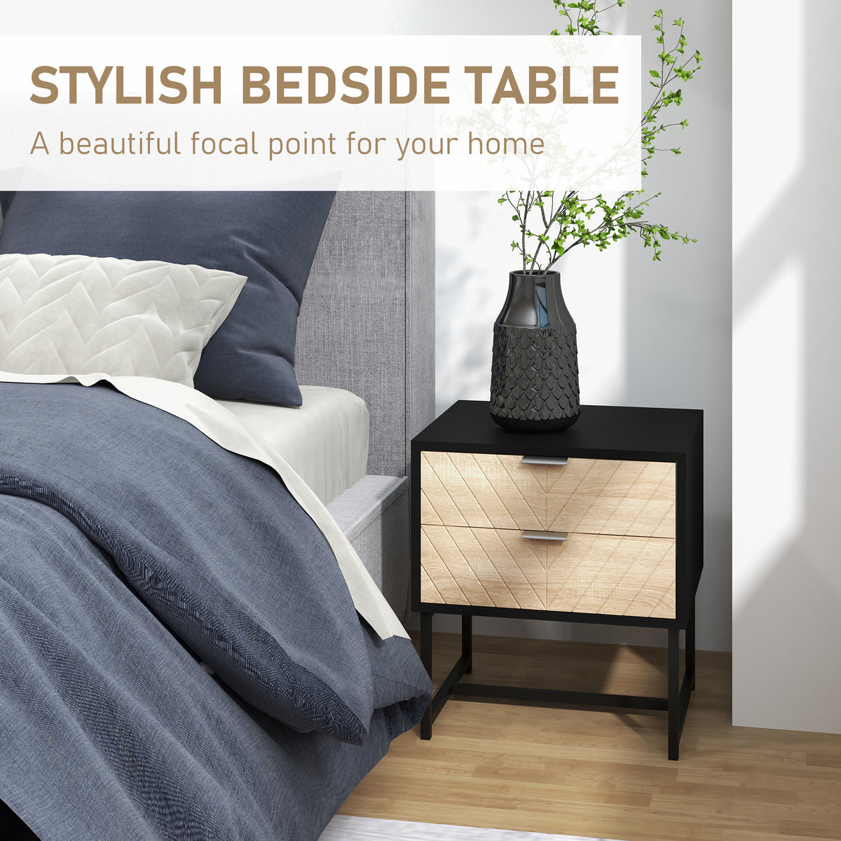 2-Drawer Nightstand with Steel Frame – 18"W x 19"H