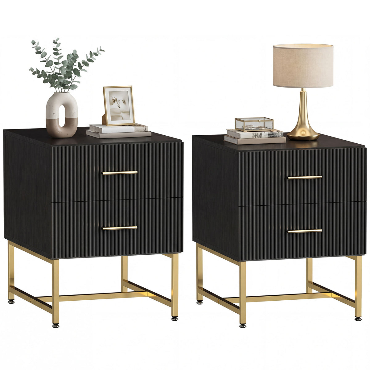 Fluted 2-Drawer Nightstands with Gold Legs, Set of 2 – 16"W x 19"H