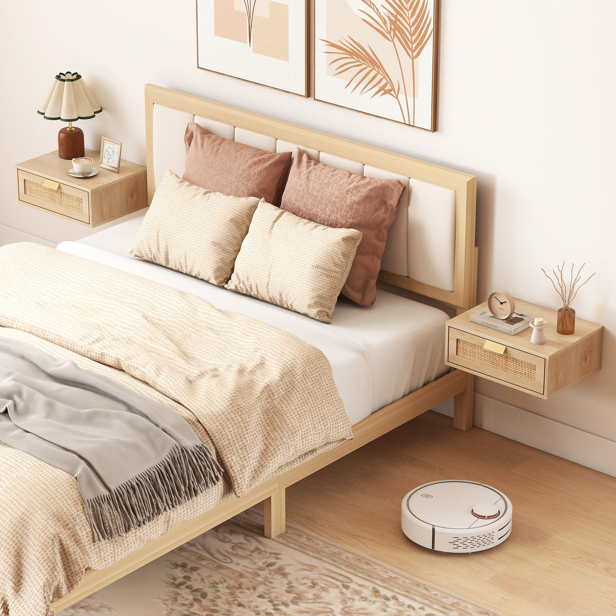 Floating Nightstands with Rattan Drawer, Set of 2 – 16"W x 6"H