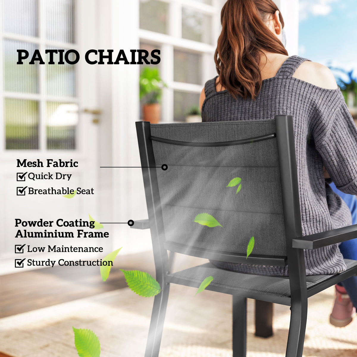 Patio Dining Set for 6, Aluminum Expandable Outdoor Table and 6 Stackable Chairs with Padded Back, Mesh Seat – Black