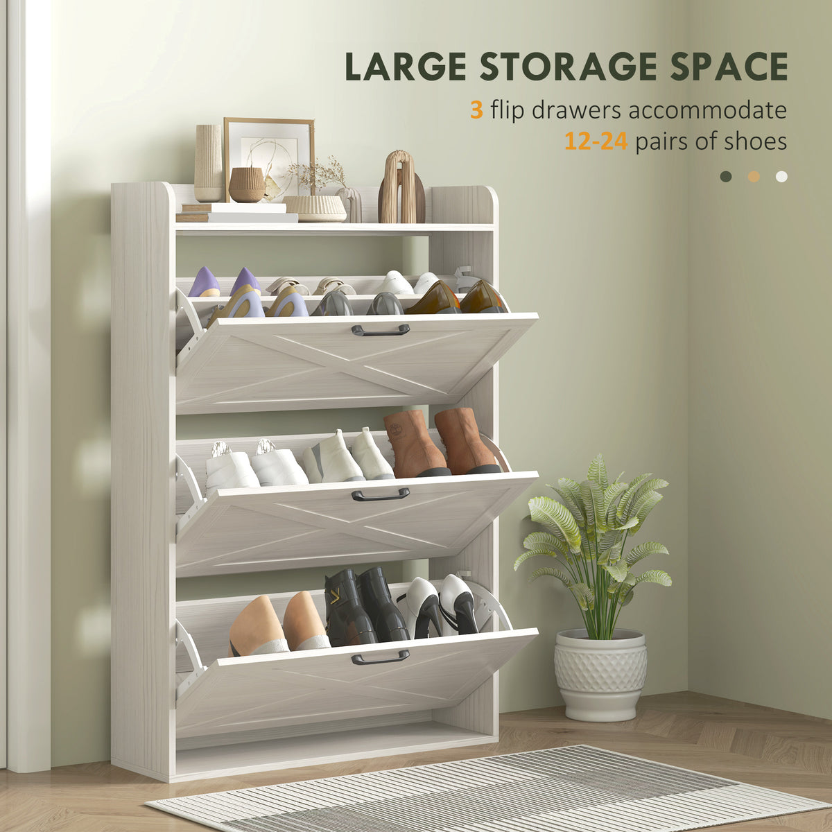 Farmhouse Shoe Cabinet with 3 Flip Drawers – 31"W x 49"H