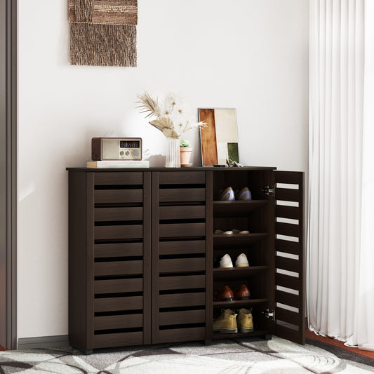 HOMCOM Narrow Entryway Shoe Cabinet, Slatted Doors, Adjustable Shelves, Dark Brown