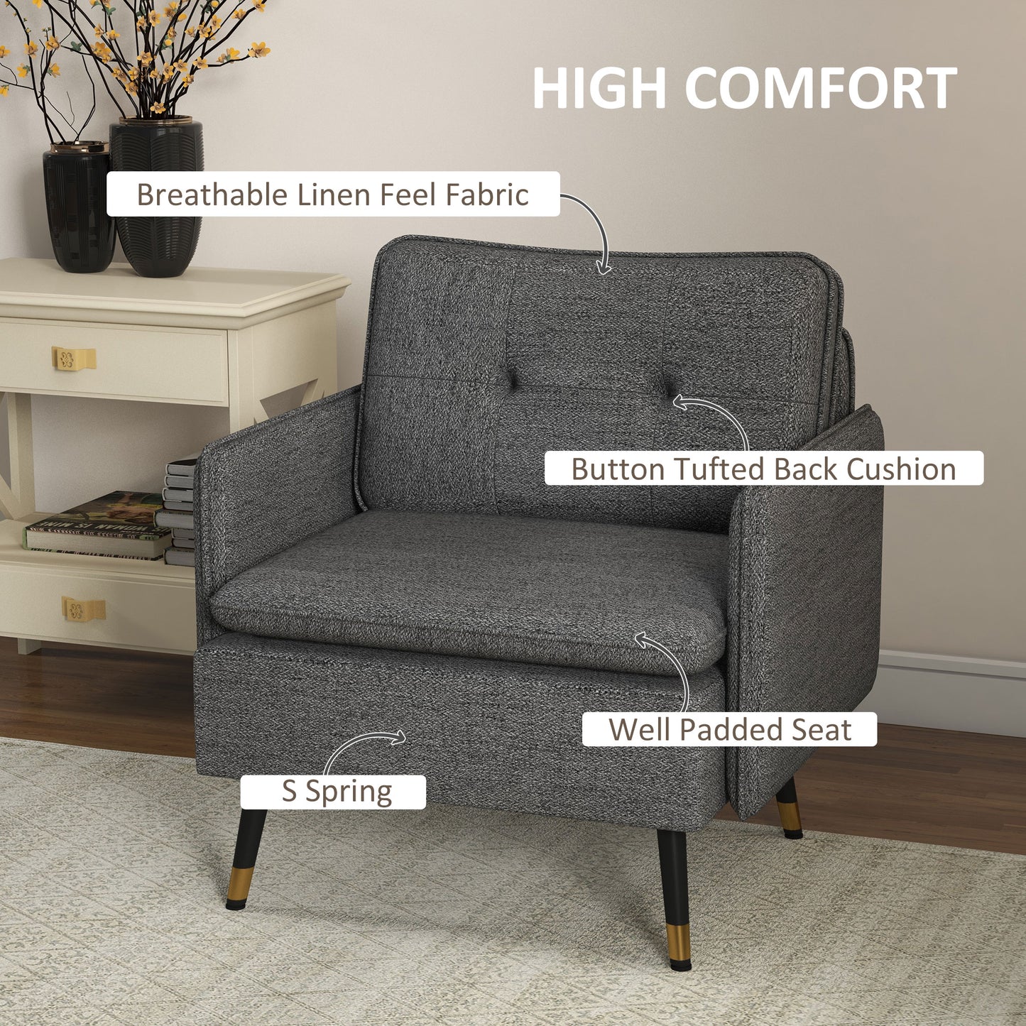 HOMCOM Modern Upholstered Accent Armchair with Tufted Back & Steel Legs