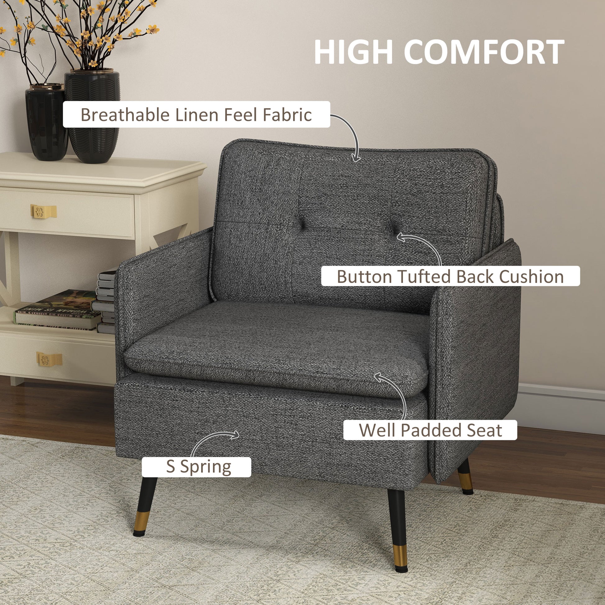 HOMCOM Modern Upholstered Accent Armchair with Tufted Back & Steel Legs