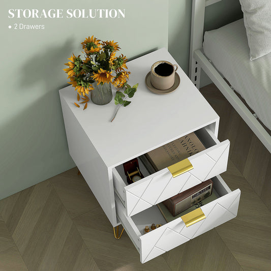Modern White Bedside Table Accent Nightstand with 2 Storage Drawers, Hairpin Legs