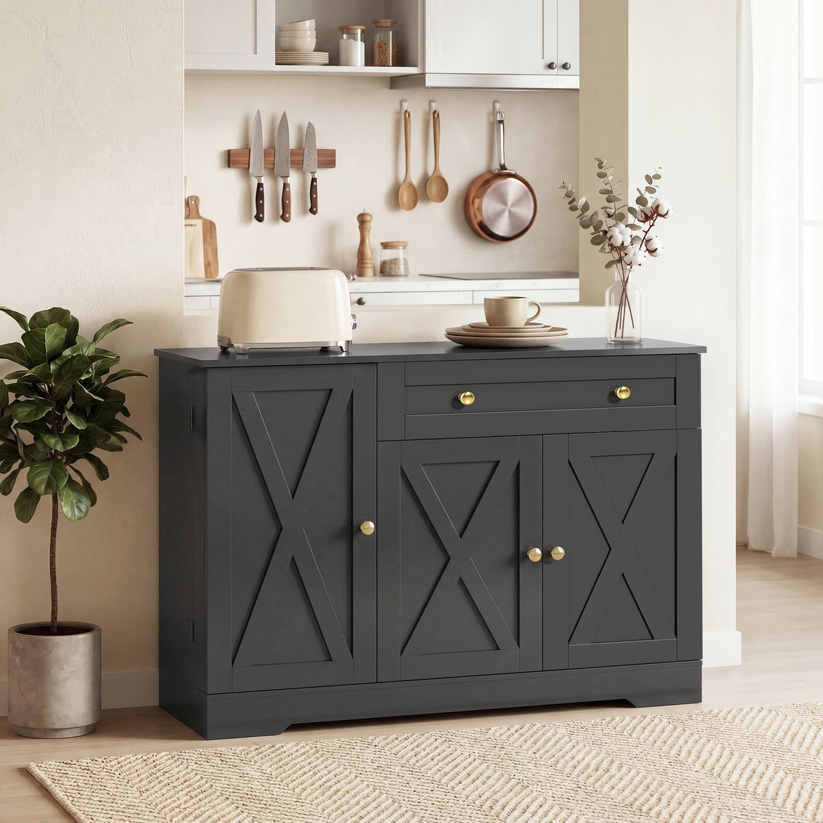 Farmhouse Sideboard with Barn Doors and Door Shelves – 47"W x 33"H