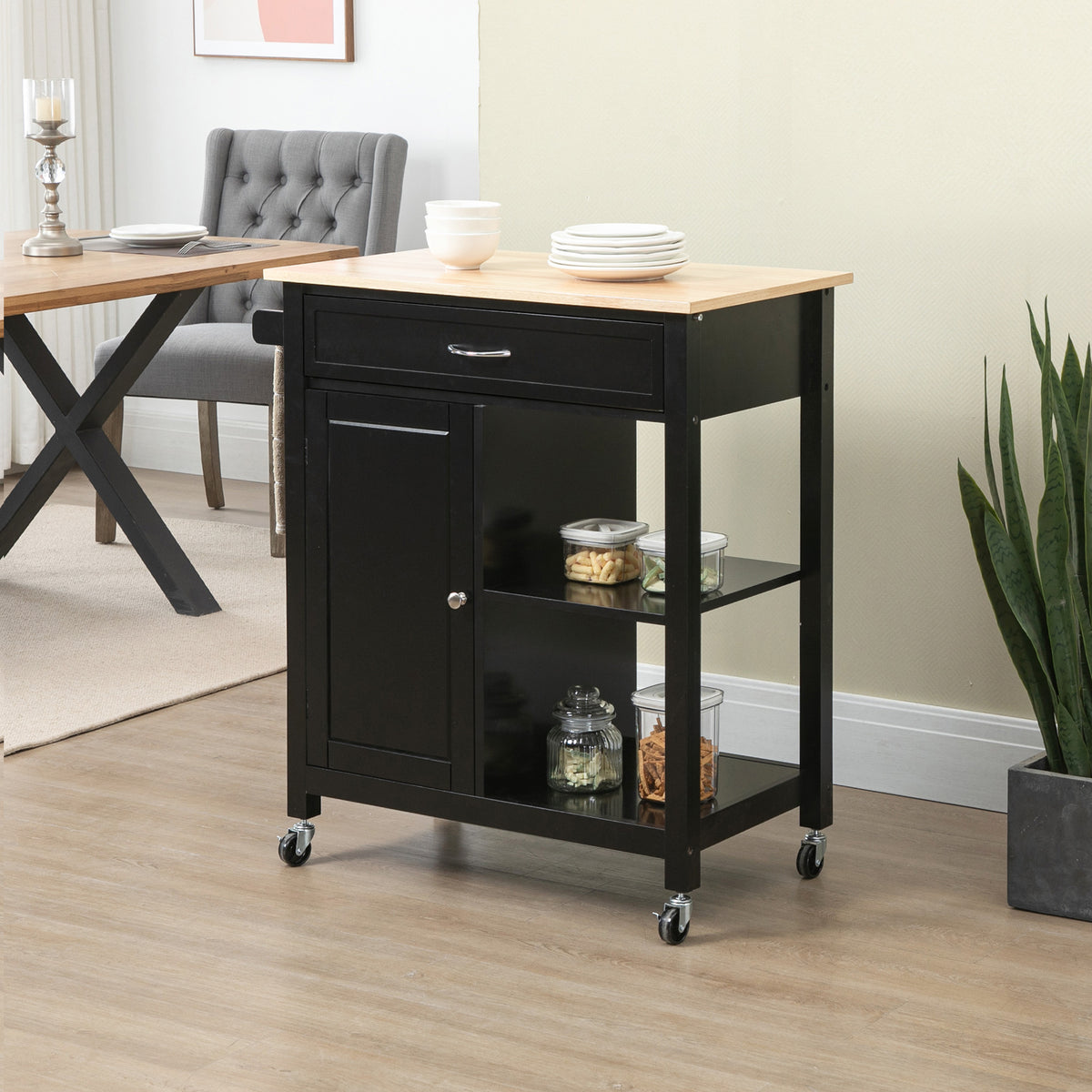 Rolling Kitchen Cart with Wood Top and Drawer – 33"W x 35"H