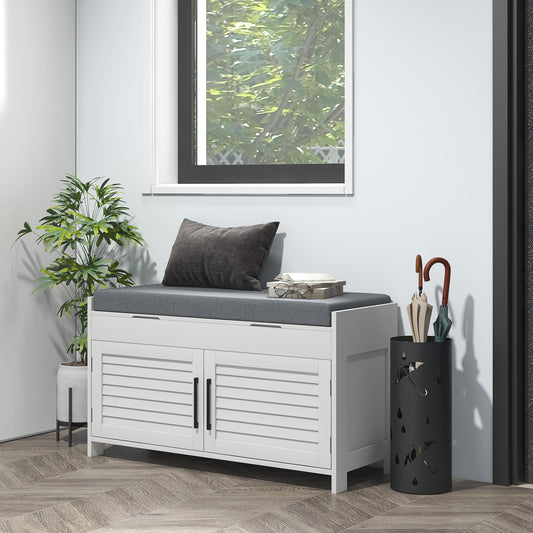 White Entryway Shoe Storage Bench: Cushioned Seat, Hidden Compartments, Adjustable Shelves