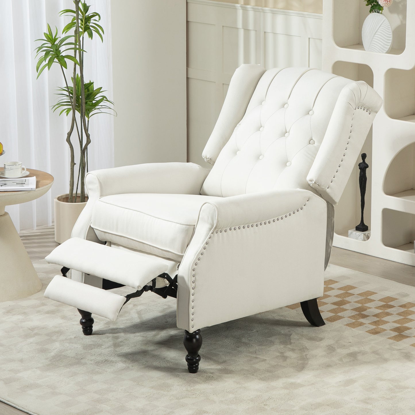HOMCOM Cream White Wingback Recliner Chair with Button Tufted Footrest