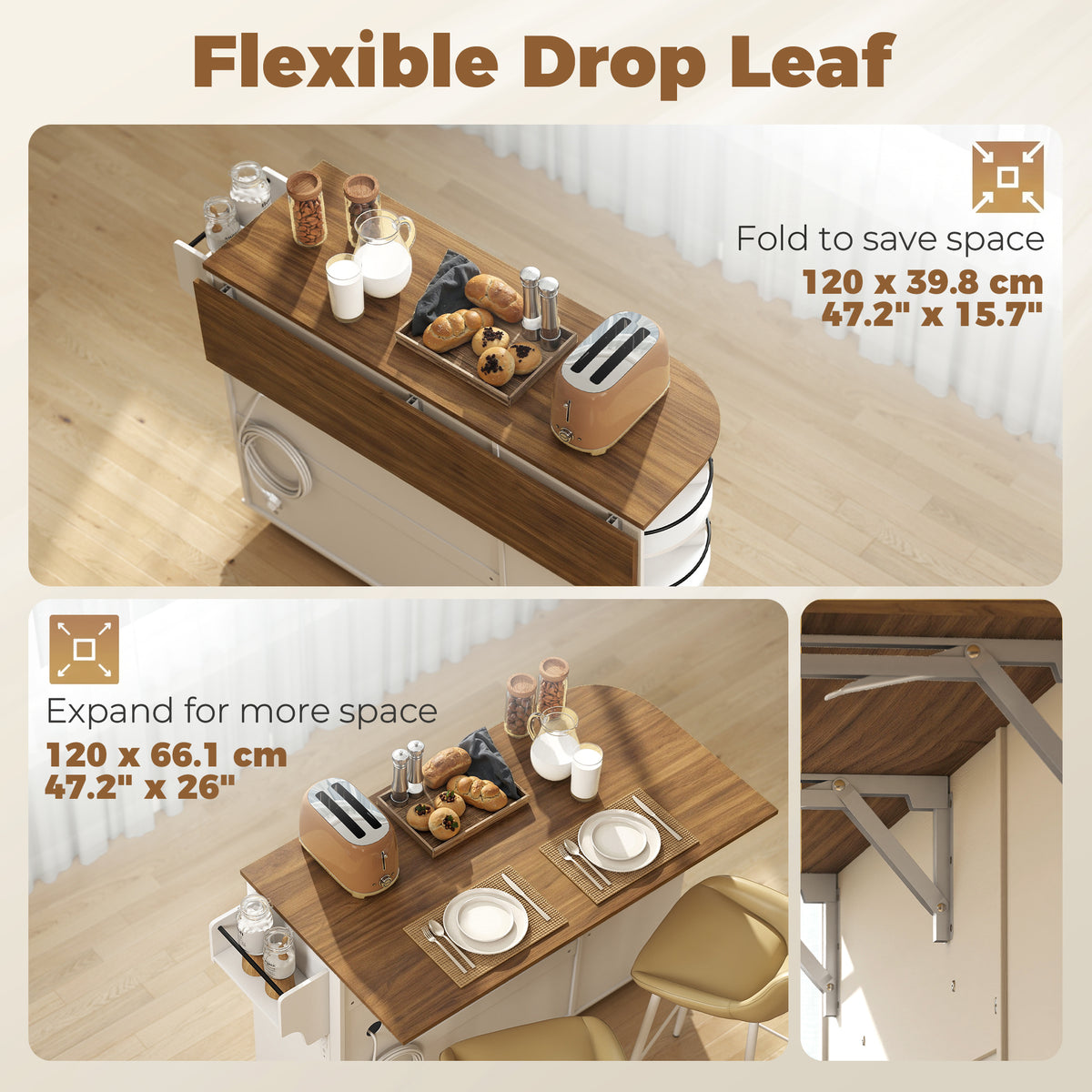 Kitchen Island with Power Outlet and Drop Leaf – 53"W x 35"H