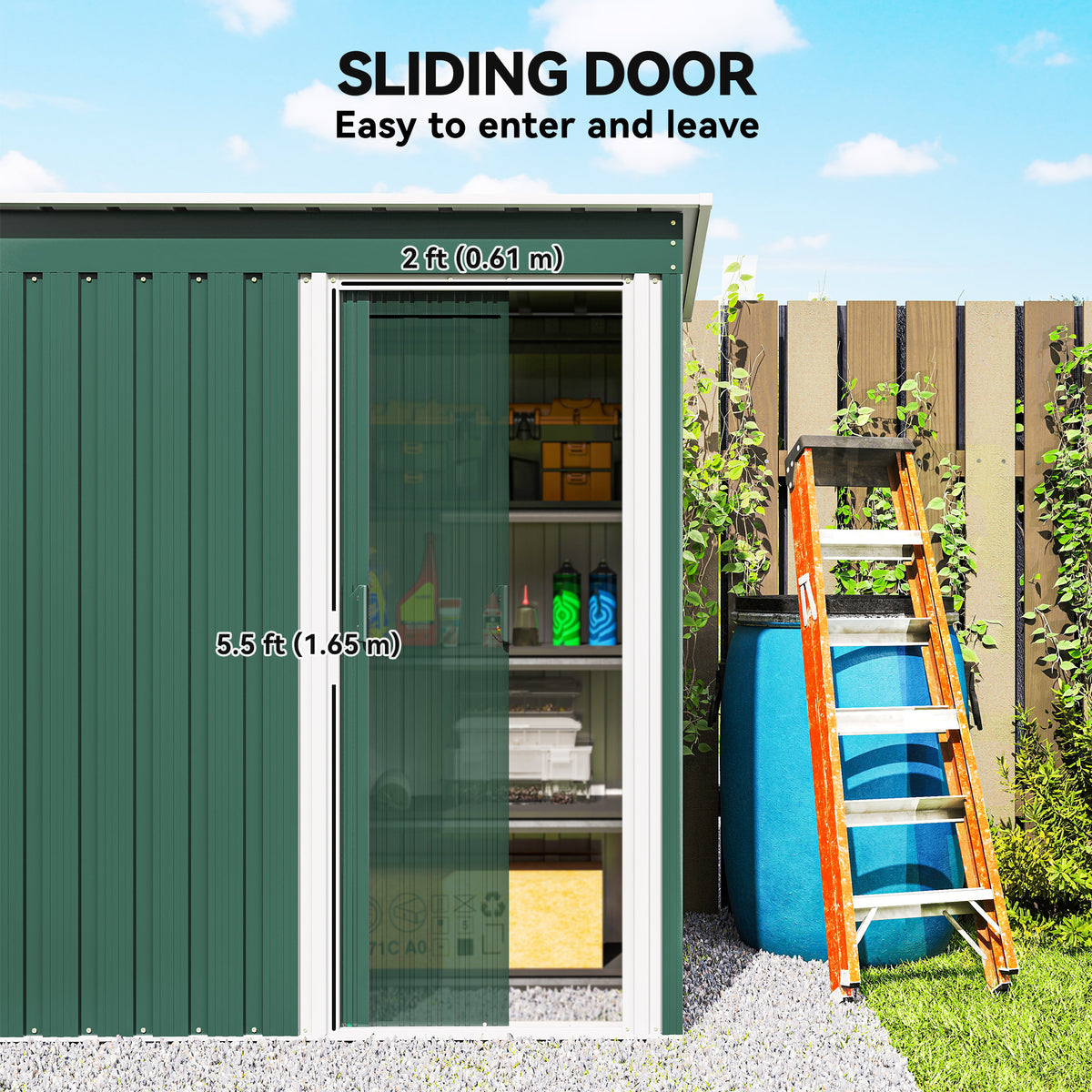5 x 3 FT Outdoor Storage Shed with Sliding Door and Sloped Roof, Steel Frame Garden Shed Tool Equipment – Green
