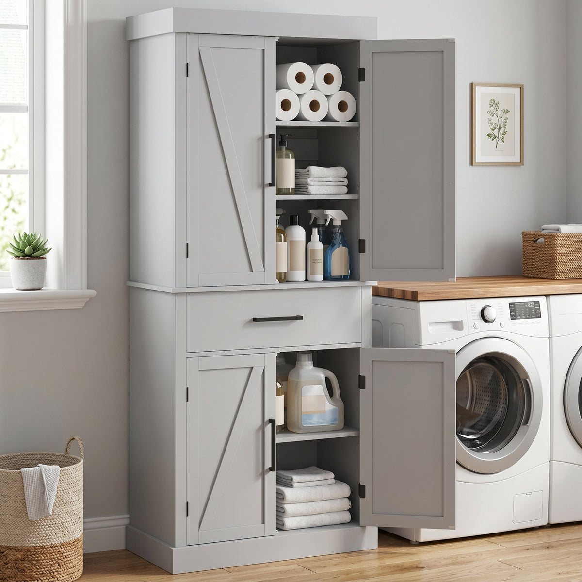 Farmhouse Kitchen Pantry Cabinet with 4 Barn Doors – 30"W x 72"H