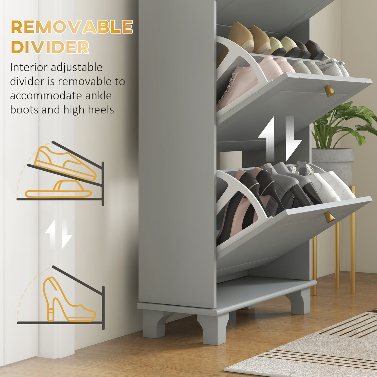 Narrow Shoe Storage with 3 Flip Drawers and Adjustable Shelves – 24"W x 49"H